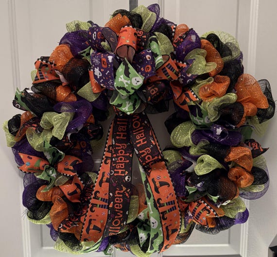 Halloween Mesh Wreath — Black, Purple & Orange