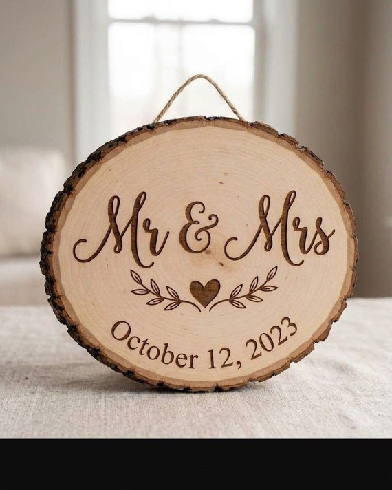 Mr & Mrs personalized wood slice wedding sign